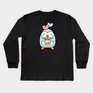 Cute Bubble Tea and Penguin with Hearts Kids Long Sleeve T-Shirt